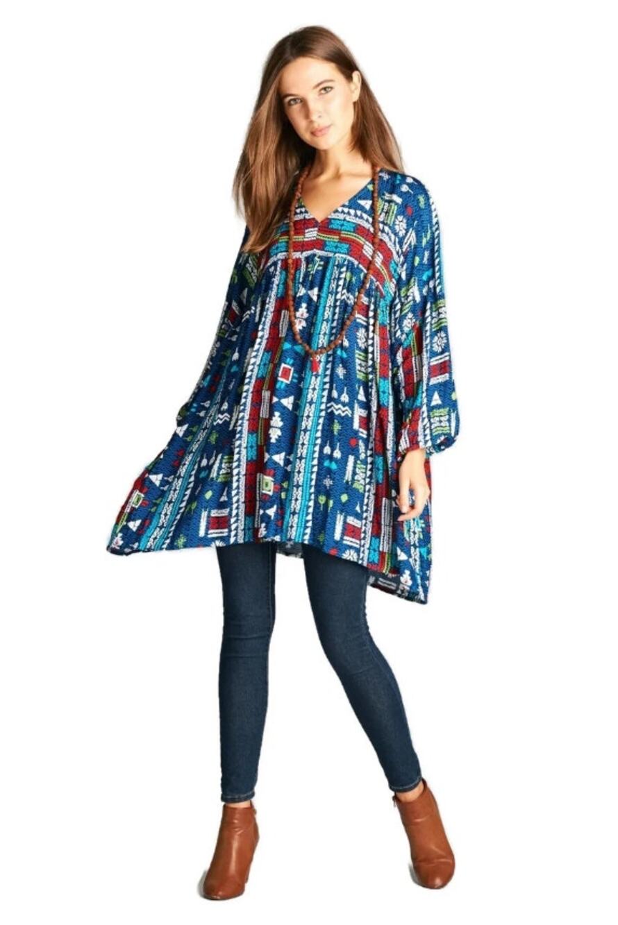 Women's Geometric Bohemian Mini Dress V-Neck Tribal Print Size L Multicolor